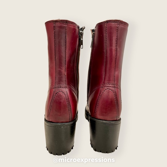 $528 Frye Sabrina Moto Oxblood Burgundy Red Lace Up Leather Combat Ankle Boot - Picture 12 of 16